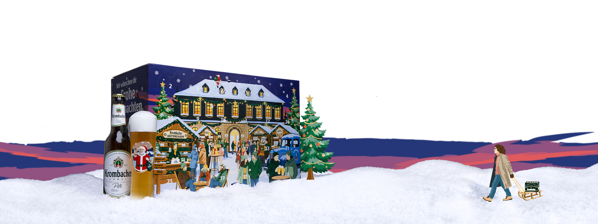 Krombacher Adventskalender mit Krombacher Pils, Bierglas und weihnachtlichem Wintermotiv im Schnee.