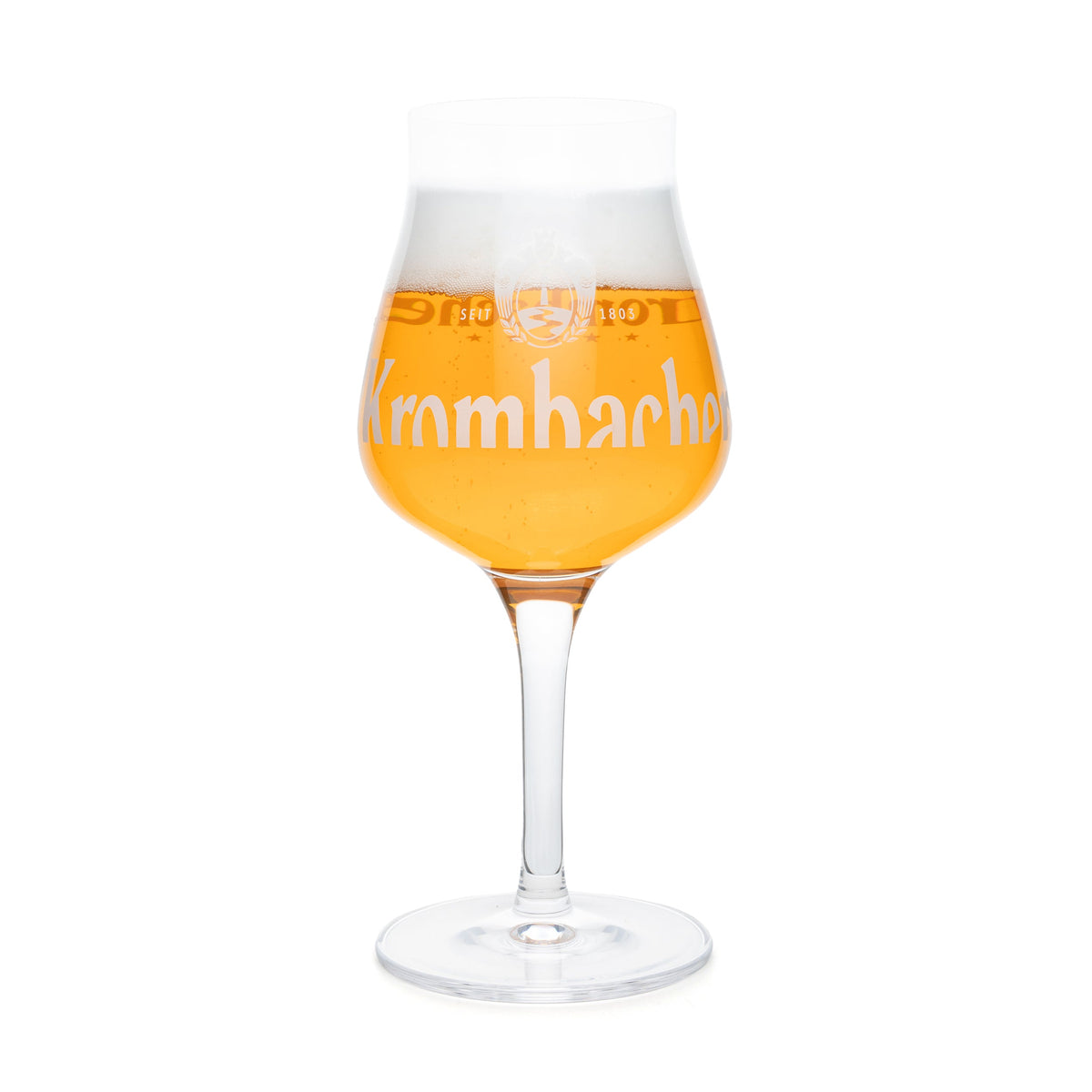 Krombacher-Sommelierglas mit goldenem Bier und weißem Schaum