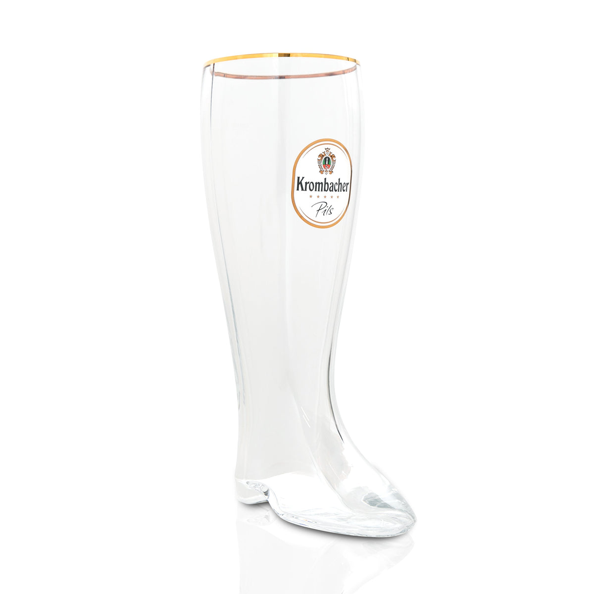 Krombacher Pils Glas in Form eines Stiefels mit goldfarbenem Rand und Logo.