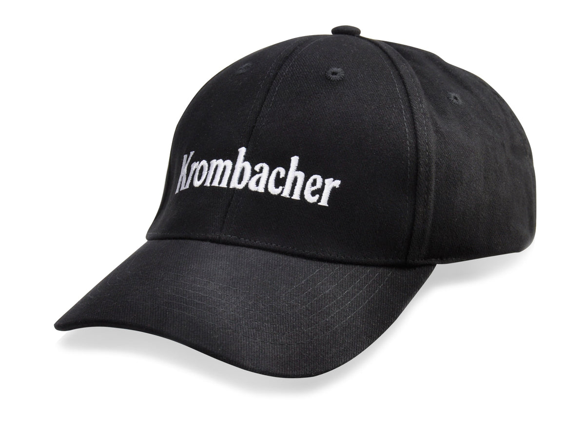 Schwarze Baseballkappe mit weißem Krombacher Schriftzug.