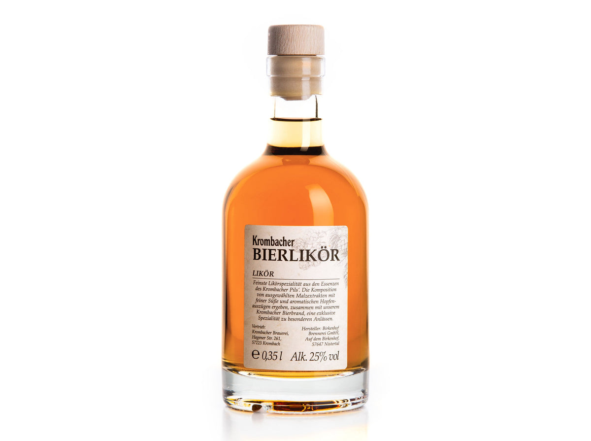 Flasche Krombacher Bierlikör mit Holzverschluss und beige Etikett