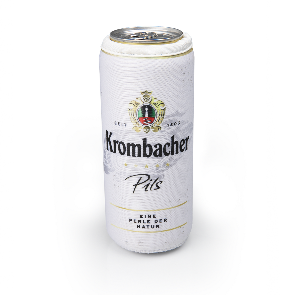 Weiße Krombacher Pils Bierdose mit Logo, Schriftzug 'Seit 1803', 'Eine Perle der Natur' und Kronen-Emblem.