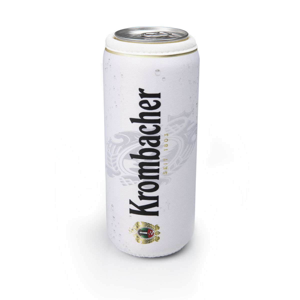 Weiße Krombacher Bierdose mit schwarzem Schriftzug 'Krombacher seit 1803' und Wappen unten.