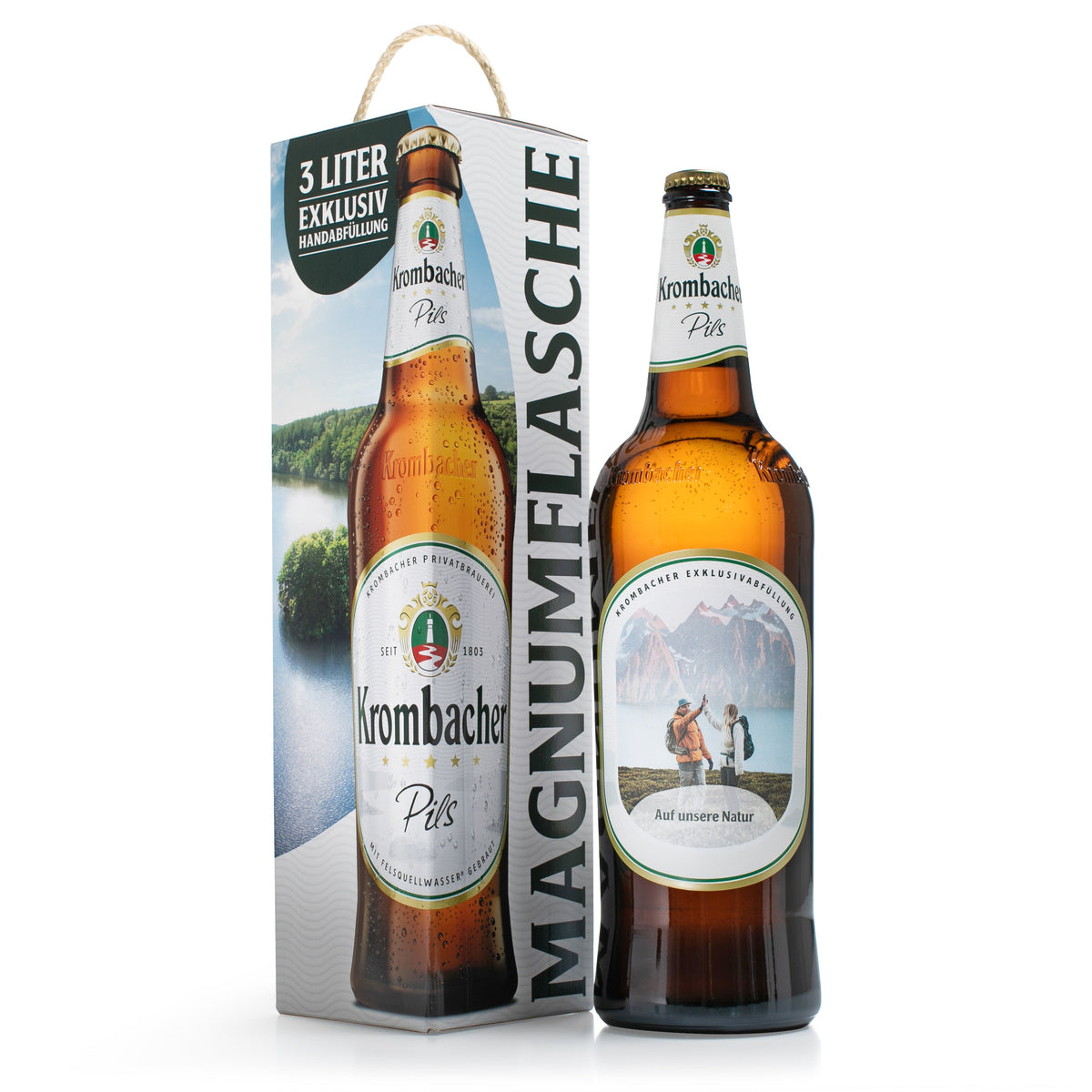 Braune Krombacher Pils-Magnumflasche neben passender Verpackung und Text '3 Liter Exklusiv Handabfüllung'.