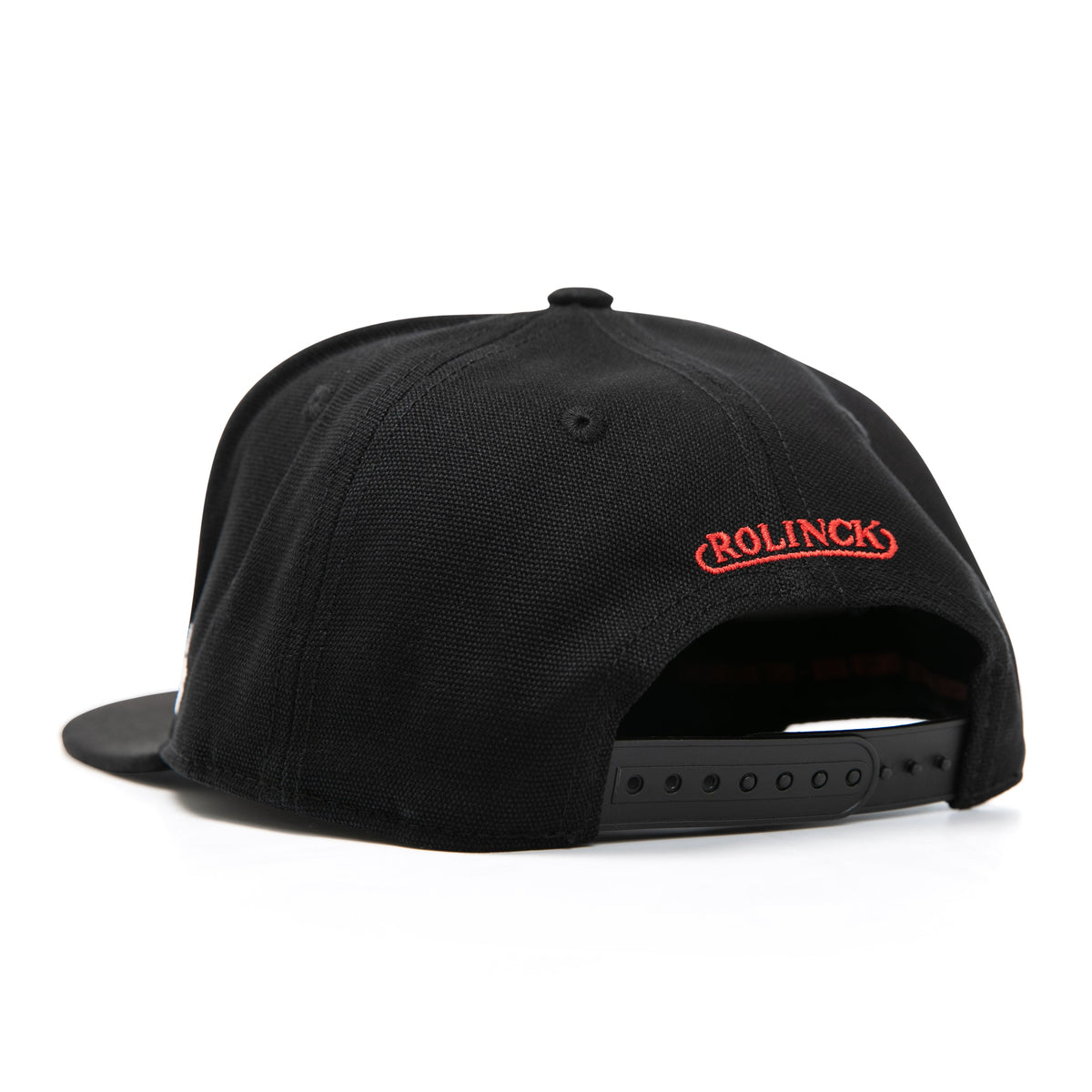 Schwarze Baseballkappe mit verstellbarem Verschluss und rotem Schriftzug 'ROLINCK' auf der Rückseite.