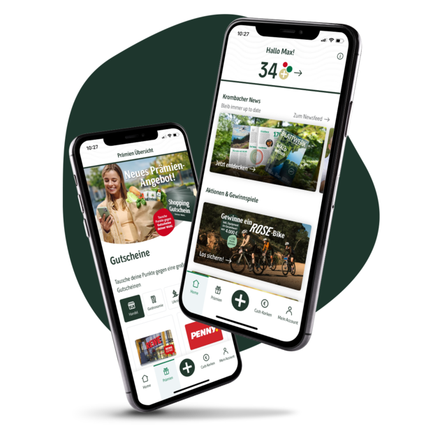 Zwei Smartphones zeigen die Krombacher Plus App mit Prämienübersicht und News zu Aktionen und Gewinnspielen