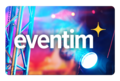 Eventim Gutschein: Logo von Eventim mit weißer Schrift und gelbem Stern vor Bühnenbeleuchtung
