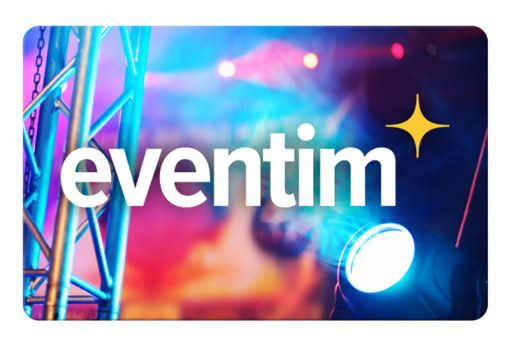 Eventim Gutschein: Logo von Eventim mit weißer Schrift und gelbem Stern vor Bühnenbeleuchtung