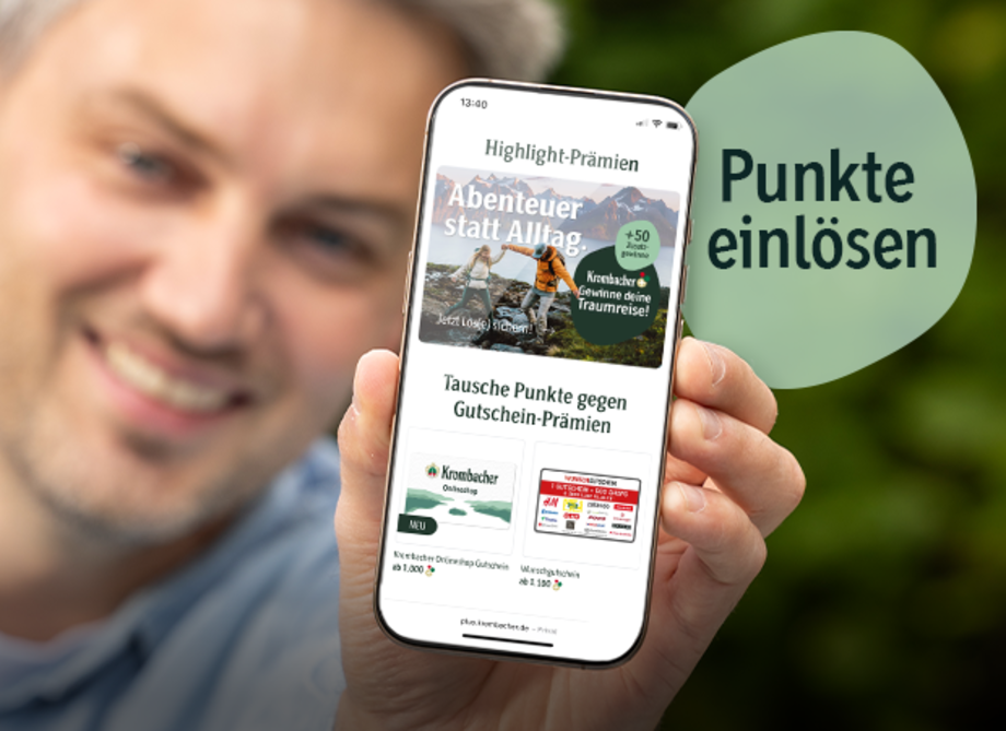 Hand hält Smartphone mit Hinweis auf Highlight-Prämien und Gutschein-Einlösung, daneben Text 'Punkte einlösen'.