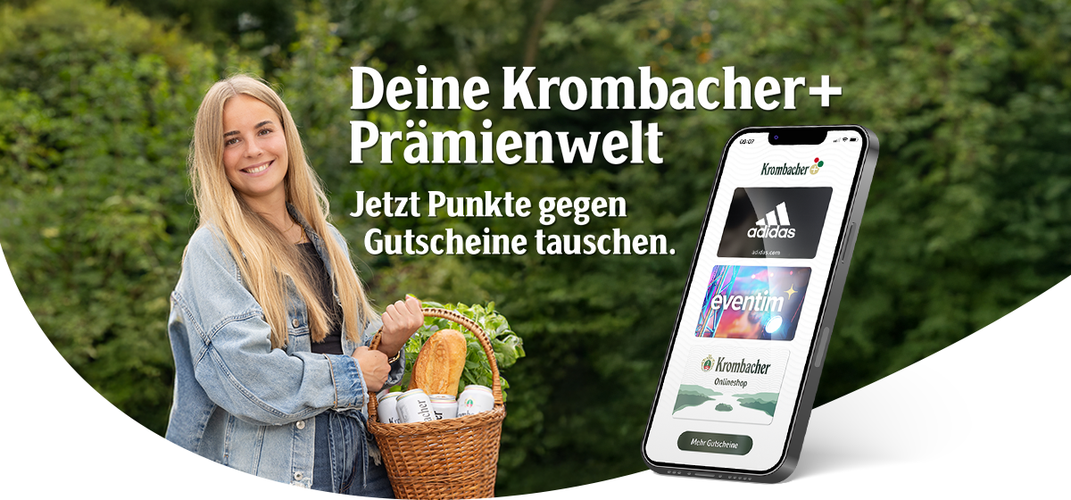 Frau hält Smartphone und Einkaufstüte mit Brot, Gemüse sowie Krombacher Dosen und Flaschen. Daneben sind Shopping Gutscheine deiner Wahl abgebildet. Text: 'Neues Prämien-Angebot! Tausche Punkte gegen Gutscheine deiner Wahl.