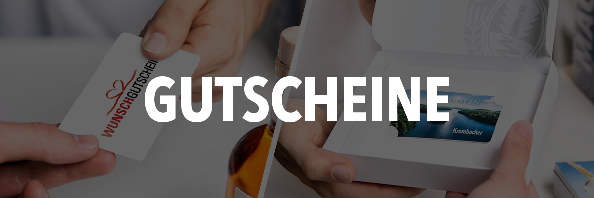 Hand übergibt Gutschein mit Aufschrift 'Wunschgutschein', daneben Geschenkbox mit einem Krombacher Erlebniswelt Gutschein