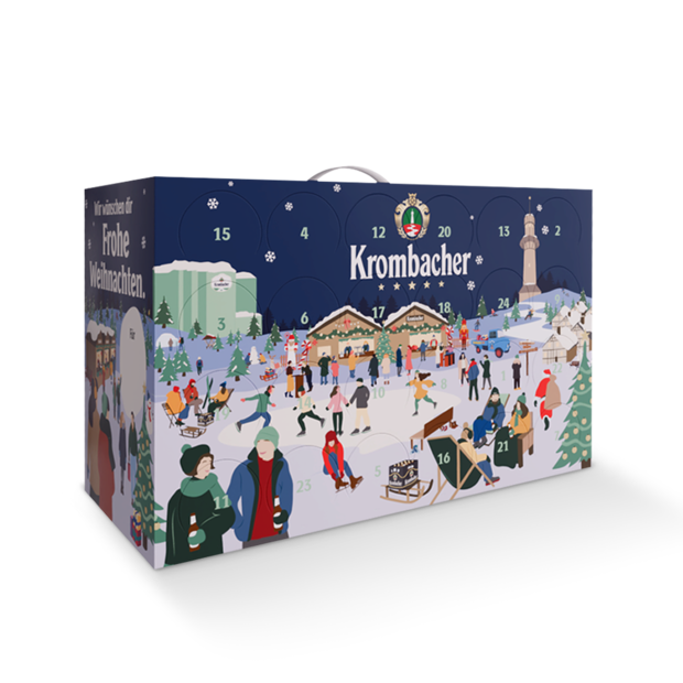 Krombacher Adventskalender mit winterlicher Szene.
