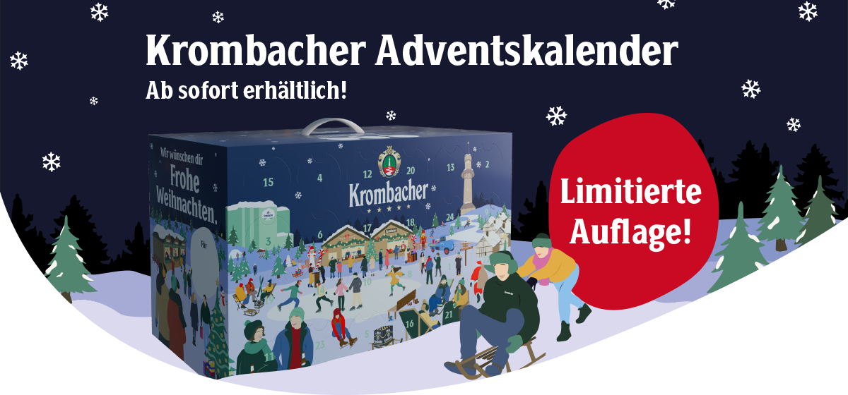 Krombacher Adventskalender mit winterlicher Szene. Text 'Krombacher Adventskalender' und 'Ab sofort erhältlich'. Roter Kreis mit Text 'Limitierte Auflage!'