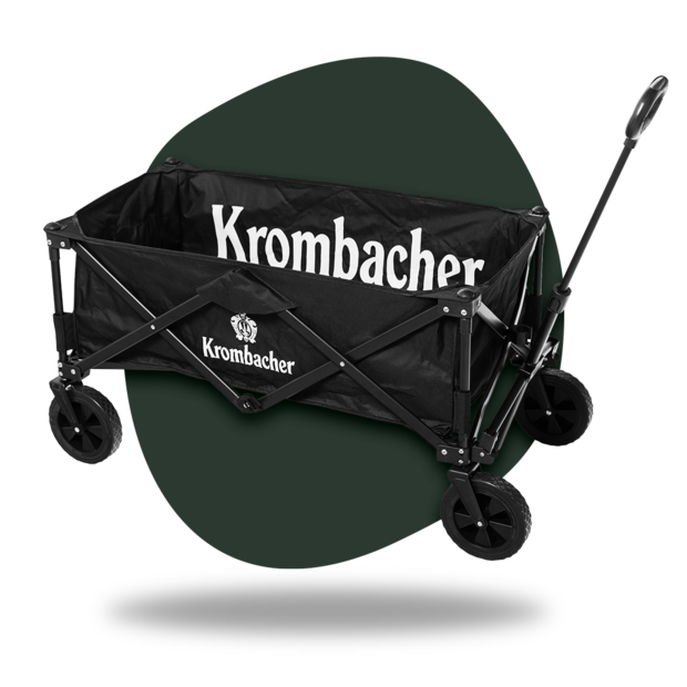 Schwarzer faltbarer Bollerwagen mit weißen Aufdrucken 'Krombacher' auf Seiten- und Frontwand, vier Räder, Metallgestell
