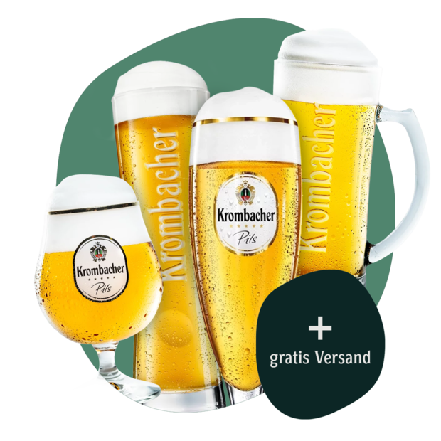 Vier unterschiedliche, gefüllte Krombacher Biergläser. Text 'gratis Versand'
