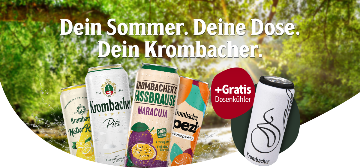 Verschiedene Krombacher Getränkedosen vor grünem Hintergrund mit Text 'Dein Sommer. Deine Dose. Dein Krombacher.' und Hinweis auf gratis Dosenkühler