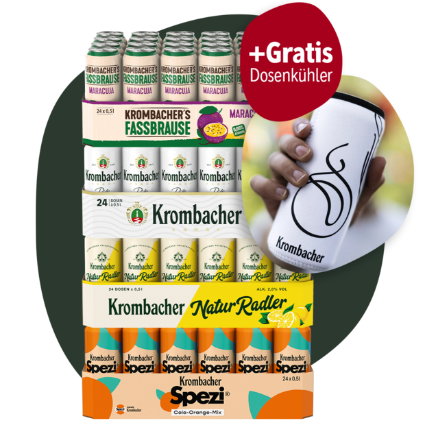 Vier 24er-Packs Krombacher Getränke: Krombacher's Fassbrause Maracuja, Krombacher Pils, Krombacher NaturRadler und Spezi Cola-Orange-Mix, dazu ein Gratis-Dosenkühler mit Krombacher-Logo