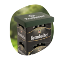 Kastenauflage mit grünem Bezug und weißer Aufschrift 'Krombacher' auf einem Kasten Krombacher Bier