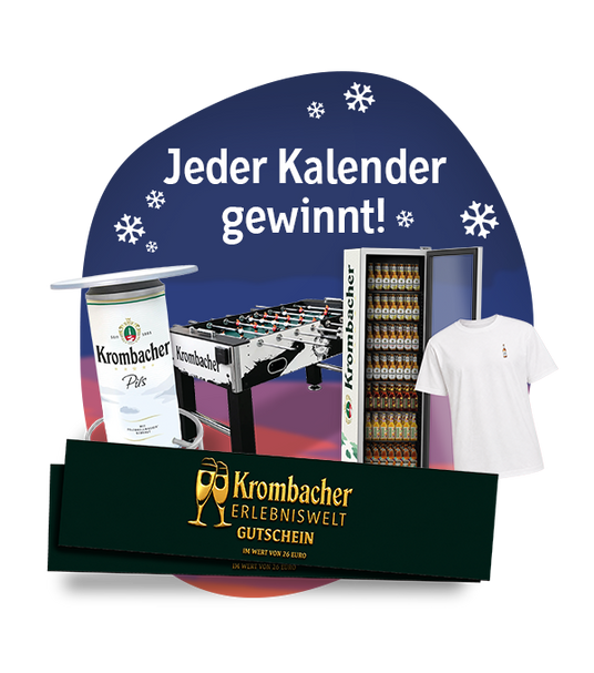 Jeder Kalender gewinnt: Krombacher Adventskalender-Gewinne mit Kühlschrank, Tischkicker, Shirt, Bierglas und Erlebniswelt-Gutschein.