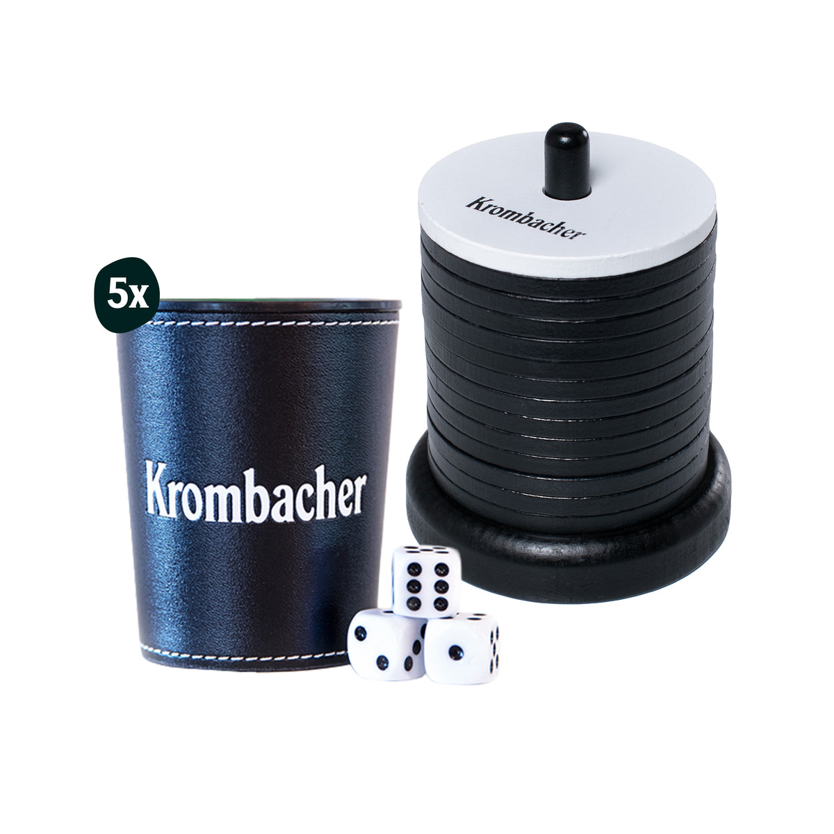 Spielbecher mit Aufdruck 'Krombacher', Würfel und Schockbesteck mit Aufdruck 'Krombacher'