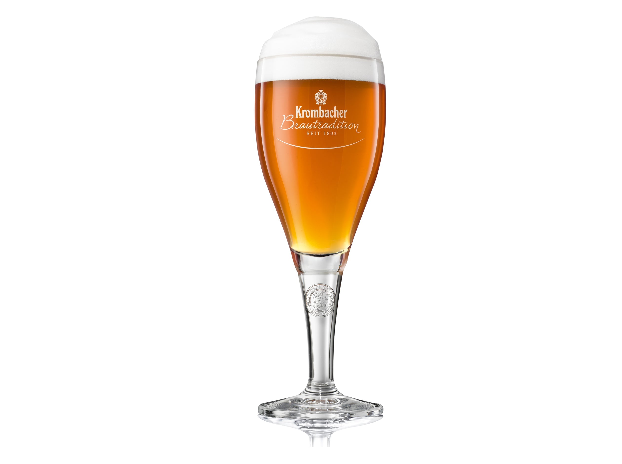 Schlankes Kelchglas mit Stiel und Logo-Schriftzug 'Krombacher Brautradition seit 1803'.