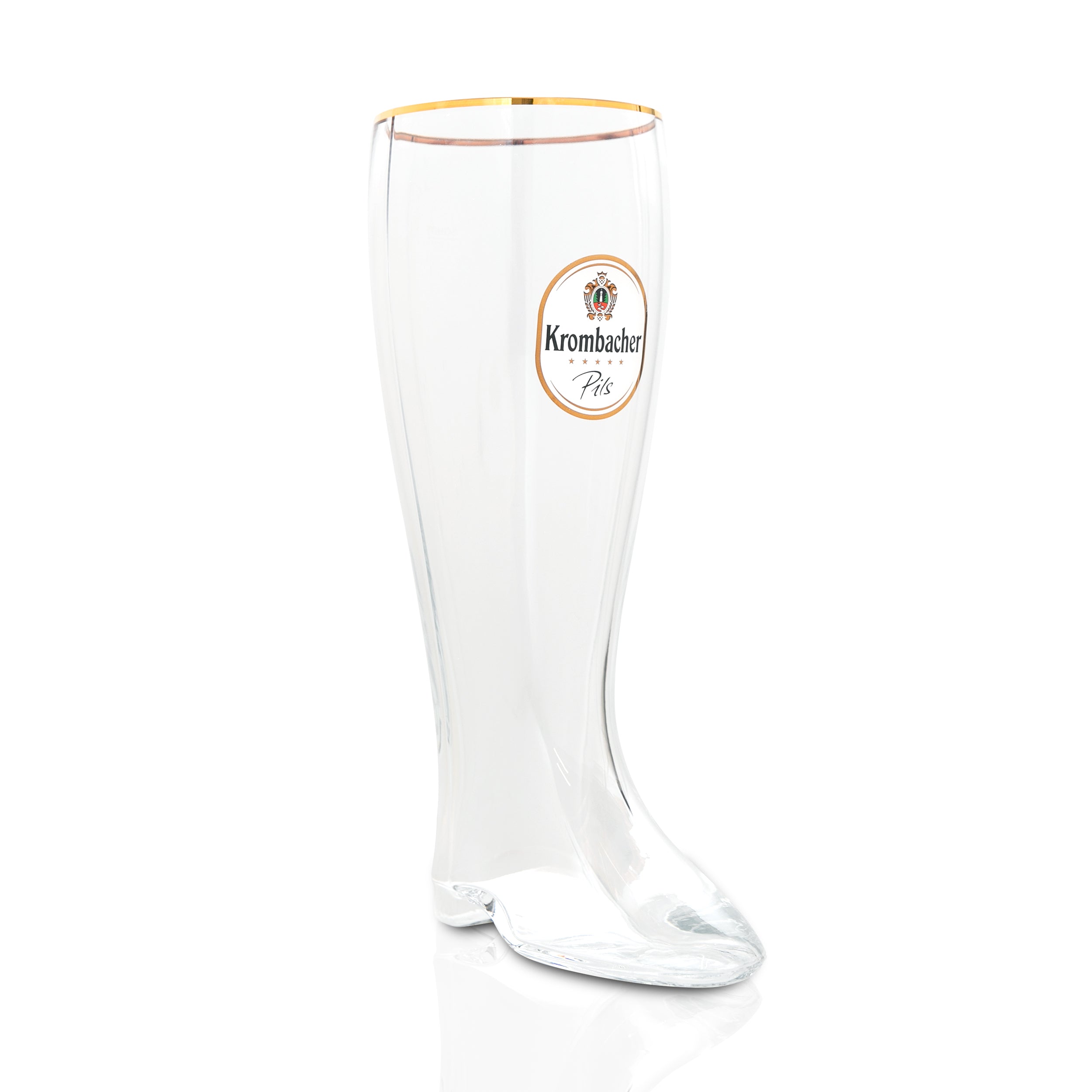 Krombacher Pils Glas in Form eines Stiefels mit goldfarbenem Rand und Logo.