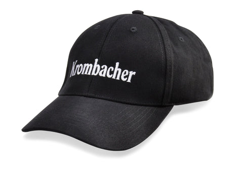 Schwarze Baseballkappe mit weißem Krombacher Schriftzug.