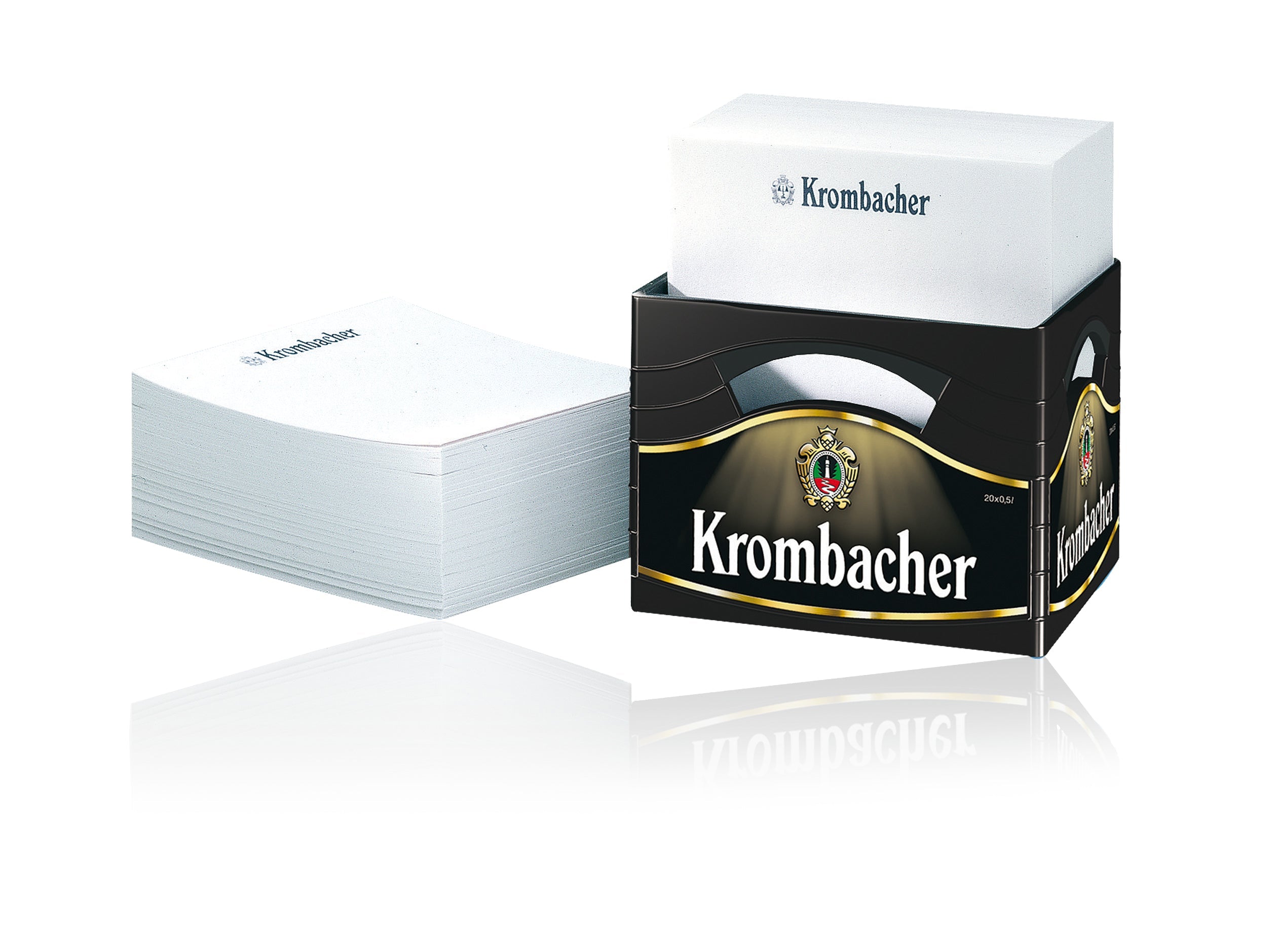 Originelle Notizzettelbox in der Form und im Design eines Krombacher Bierkastens.