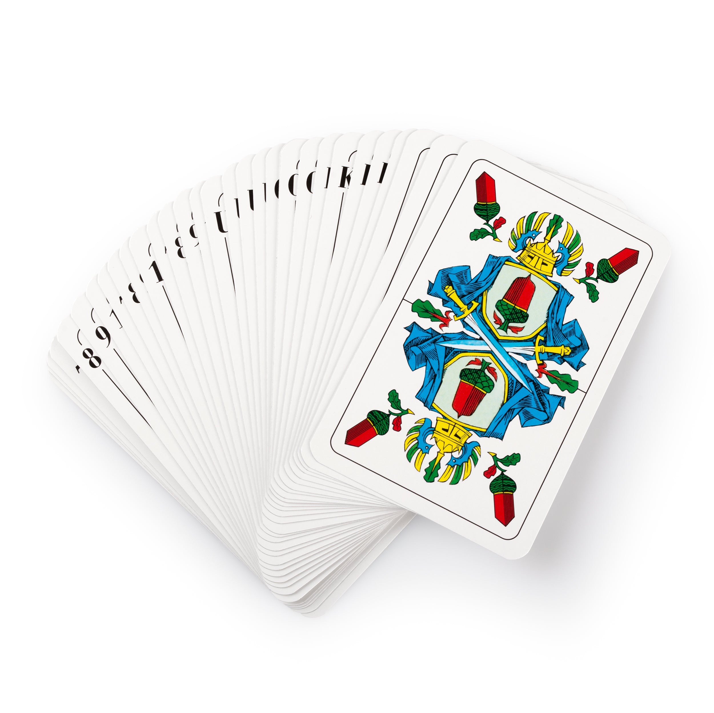 Fächerförmig ausgelegte Spielkarten mit Zahlen von 8 bis Ass und einer Karte mit farbigem Wappenmotiv.