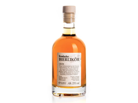 Flasche Krombacher Bierlikör mit Holzverschluss und beige Etikett