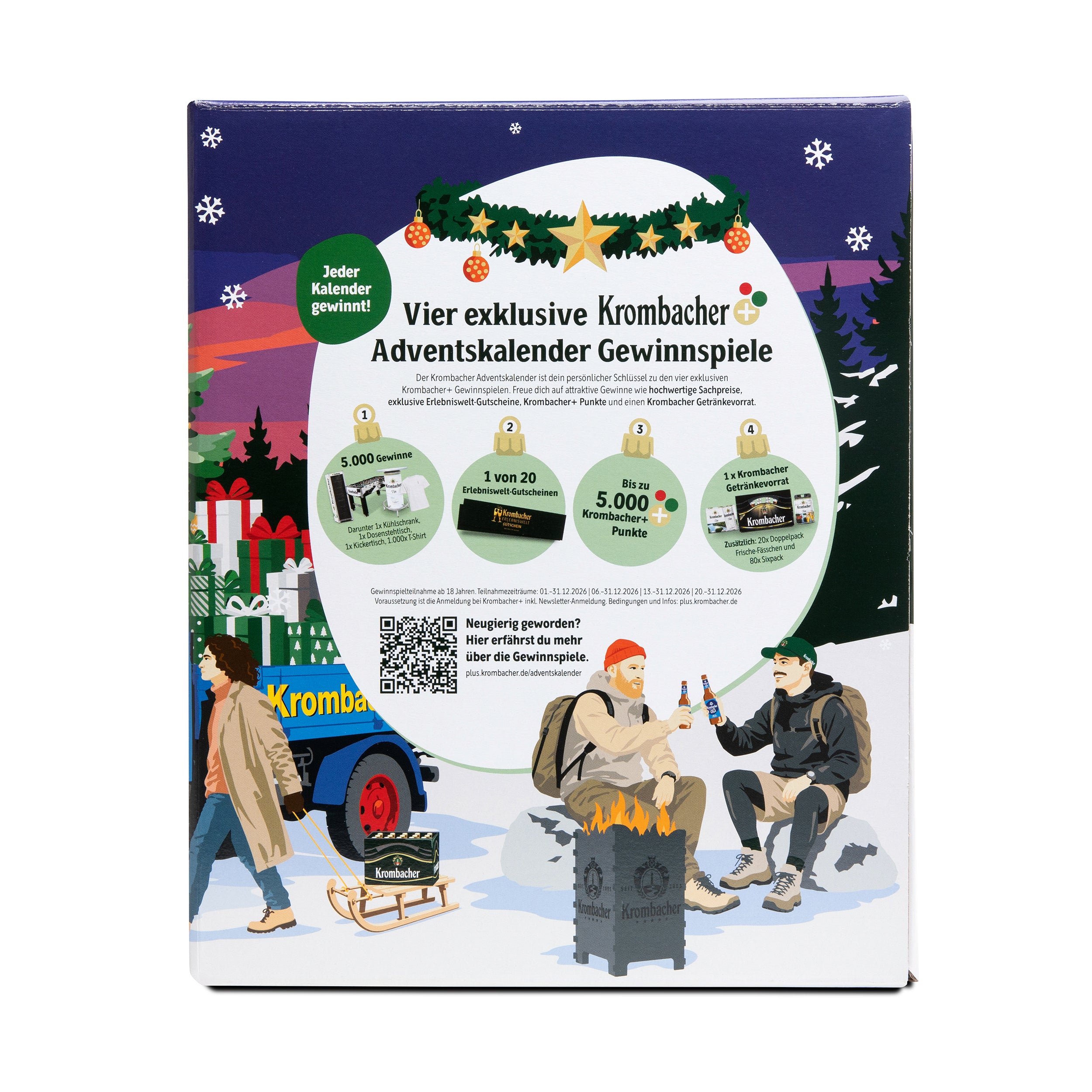 Weihnachtliche Szene mit zwei Männern, die vor einem Krombacher-Feuerkorb sitzen und anstoßen, daneben ein Krombacher-Schlitten und ein Lastwagen, darüber ein Text zu exklusiven Krombacher-Adventskalender-Gewinnspielen.