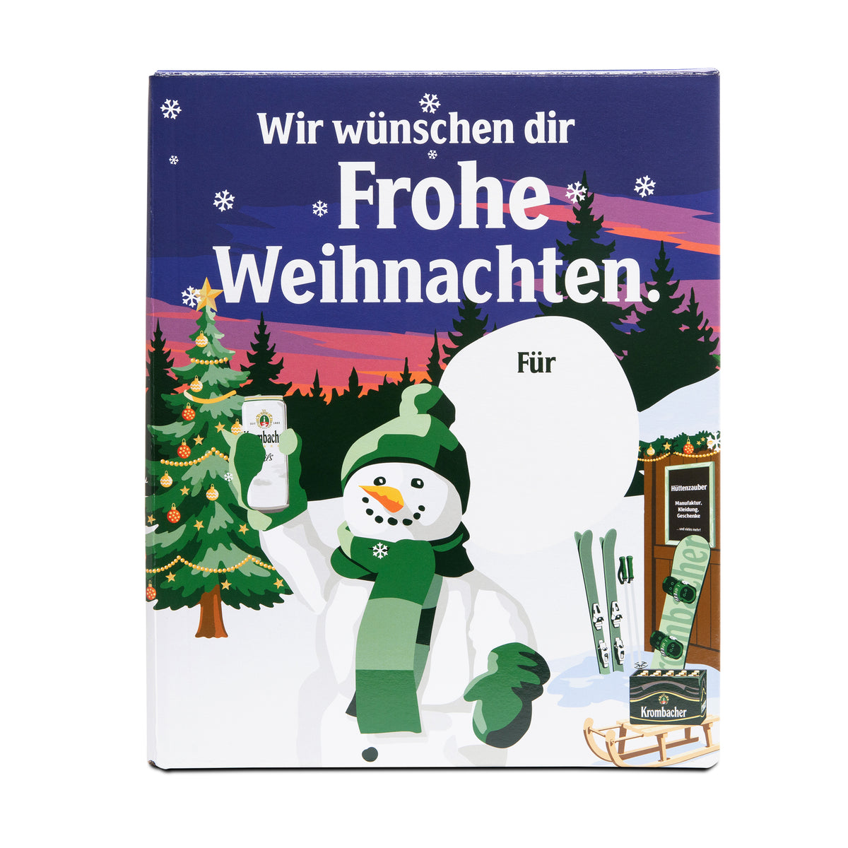 Weihnachtlicher Krombacher Adventskalender mit Schneemann, Tannenbäumen, Skiern und Schlitten vor Abendhimmel mit Text 'Wir wünschen dir Frohe Weihnachten Für'