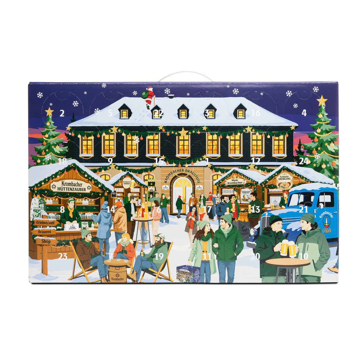 Weihnachtlicher Krombacher Adventskalender mit einem festlich geschmücktem Erlebniswelt Gebäude, Menschen in Winterkleidung und Tannenbäumen im Hintergrund