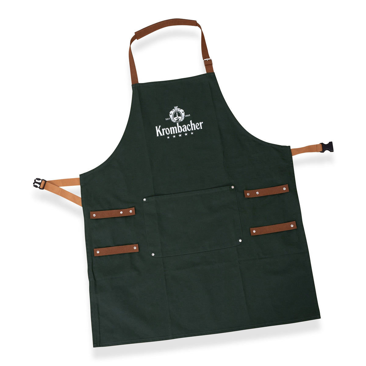 Dunkelgrüne Grillschürze mit braunen Riemen und weißem Krombacher-Logo auf der Brust