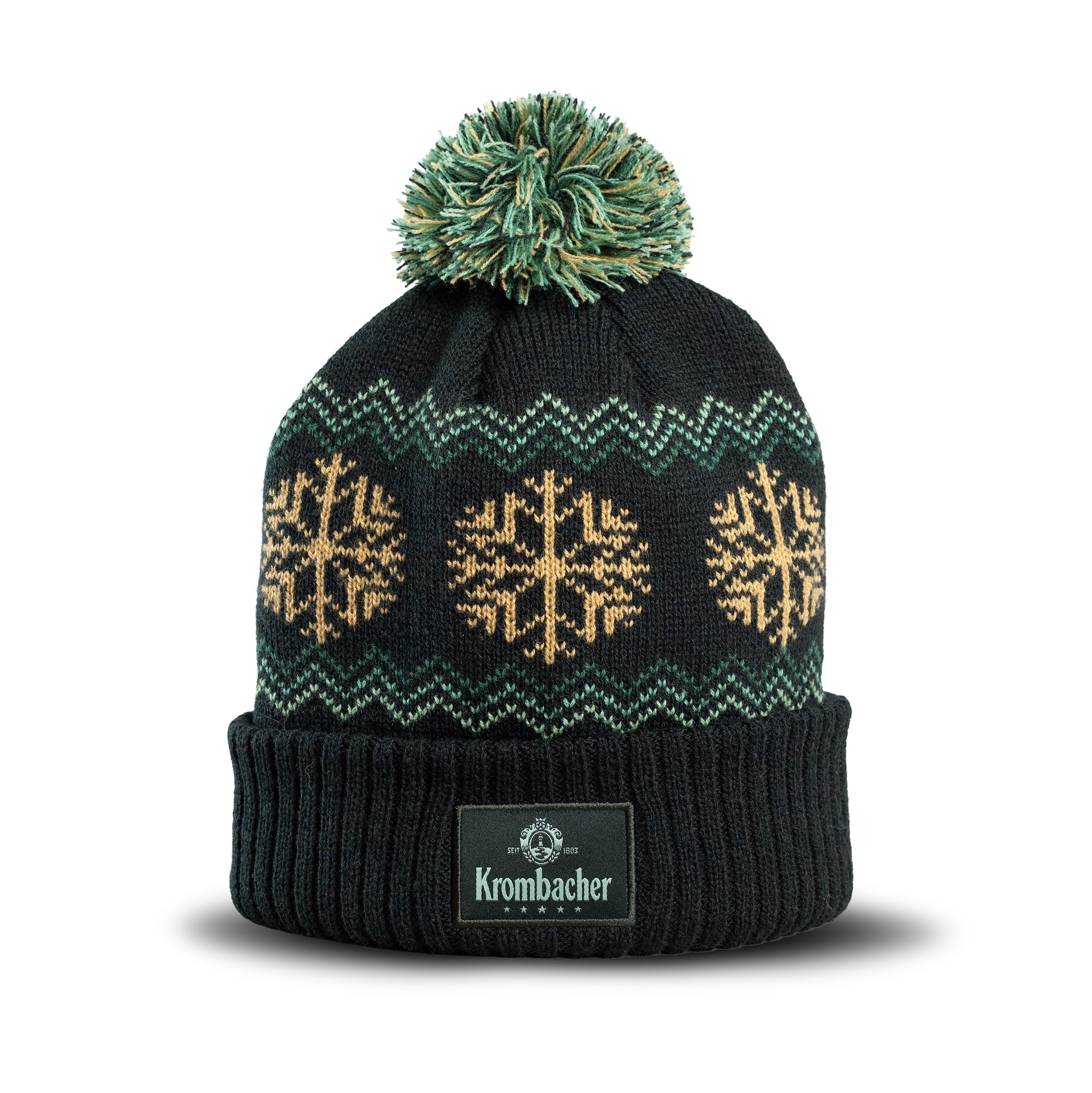 Strickmütze mit Bommel und Schneeflockenmuster sowie Krombacher-Logo auf dem Umschlag.