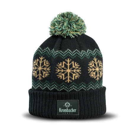 Strickmütze mit Bommel und Schneeflockenmuster sowie Krombacher-Logo auf dem Umschlag.
