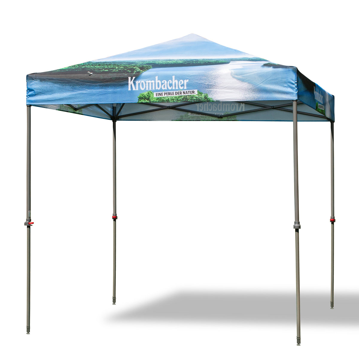 Krombacher Pavillon mit blauem Dach und Aufdruck 'Krombacher Eine Perle der Natur', vierbeiniger Metallgestell.