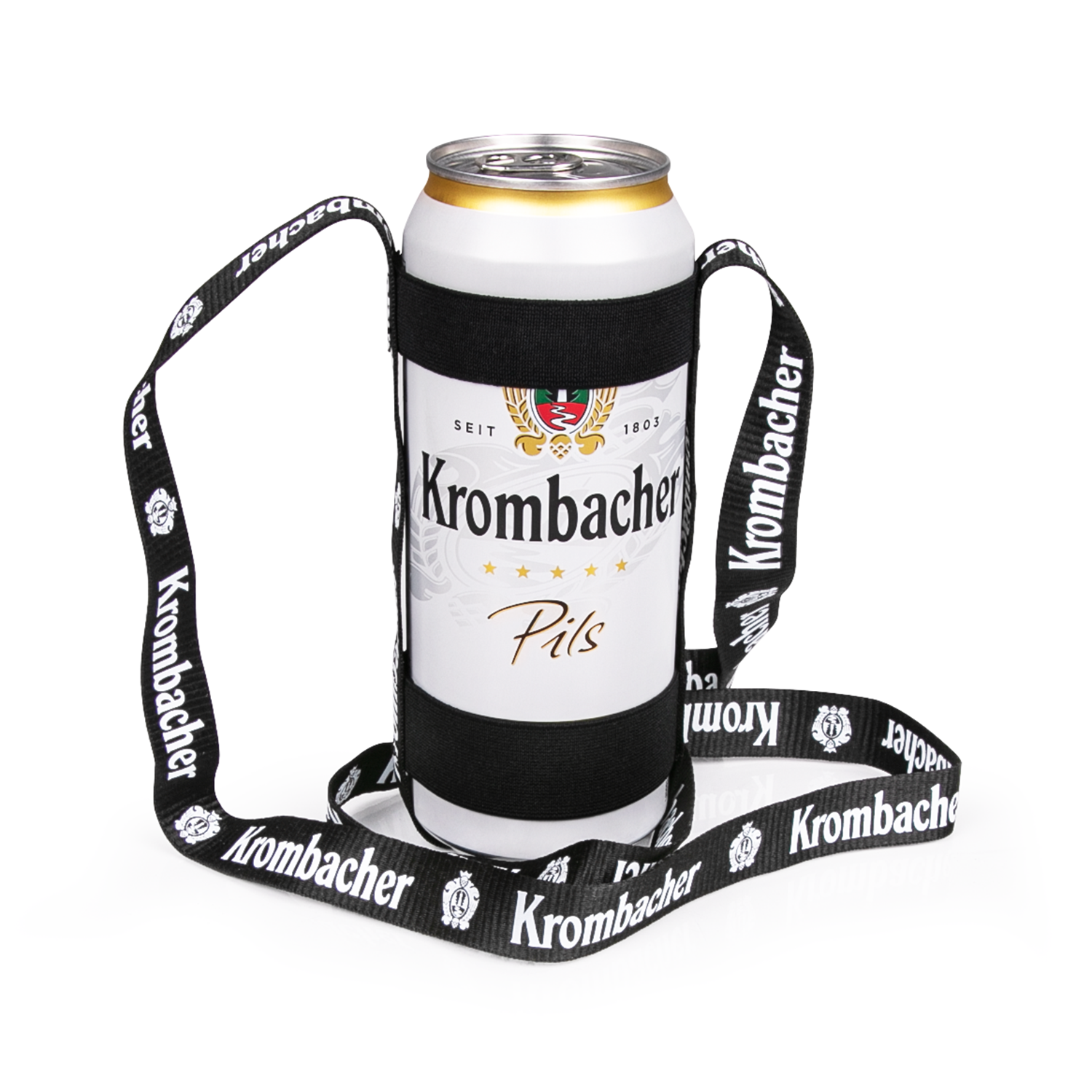 Getränkehalter mit schwarzem Band und weißer Dose Krombacher Pils.