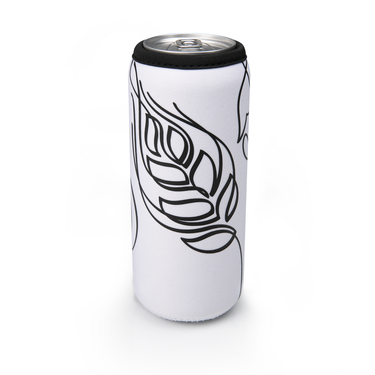 weißer Dosenkühler mit schwarzem Line-Art-Design, hält Getränkedose kalt.