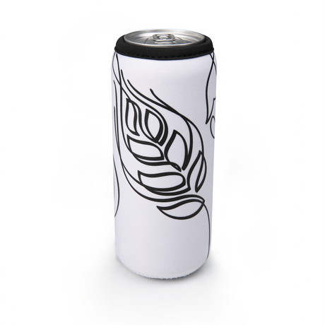 weißer Dosenkühler mit schwarzem Line-Art-Design, hält Getränkedose kalt.