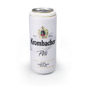 Weiße Krombacher Pils Bierdose mit Logo, Schriftzug 'Seit 1803', 'Eine Perle der Natur' und Kronen-Emblem.