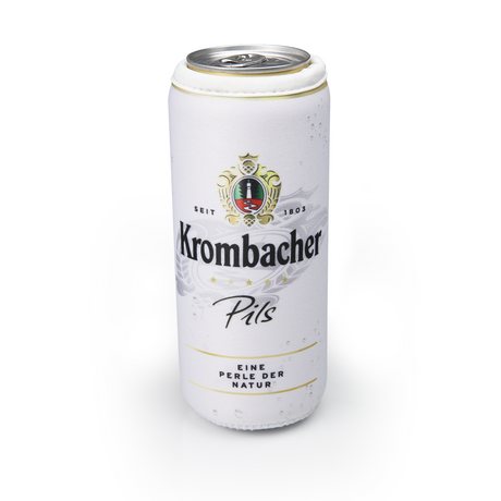 Weiße Krombacher Pils Bierdose mit Logo, Schriftzug 'Seit 1803', 'Eine Perle der Natur' und Kronen-Emblem.