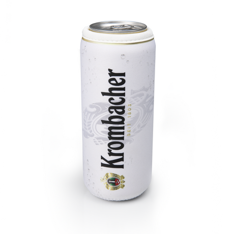 Weiße Krombacher Bierdose mit schwarzem Schriftzug 'Krombacher seit 1803' und Wappen unten.