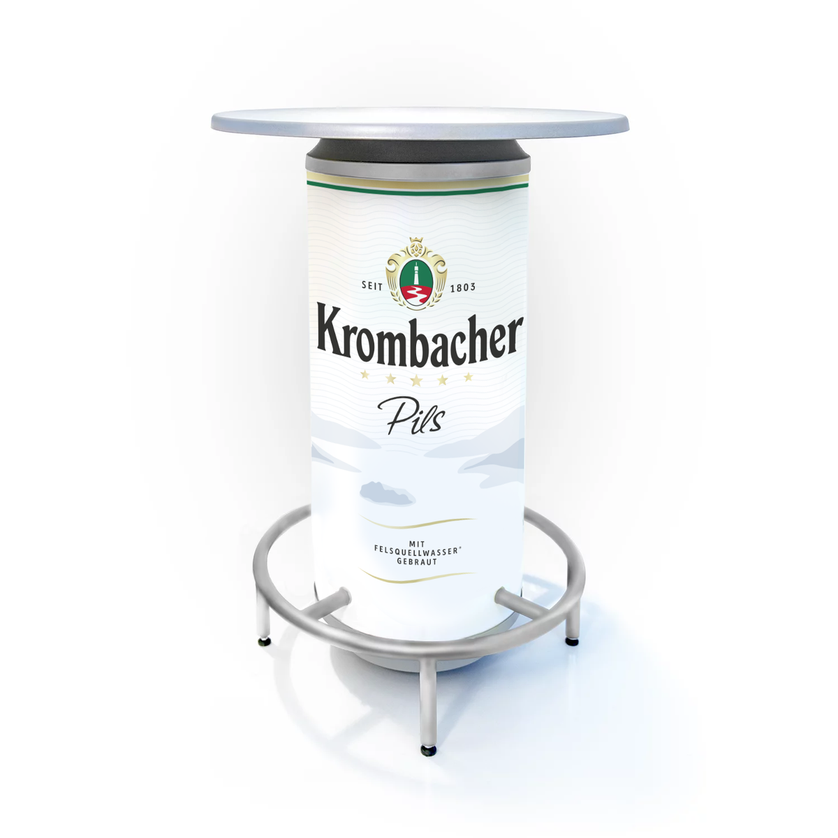 Stehtisch in Form einer großen Krombacher Pils Bierdose mit rundem Tischplatte und Metallgestell.