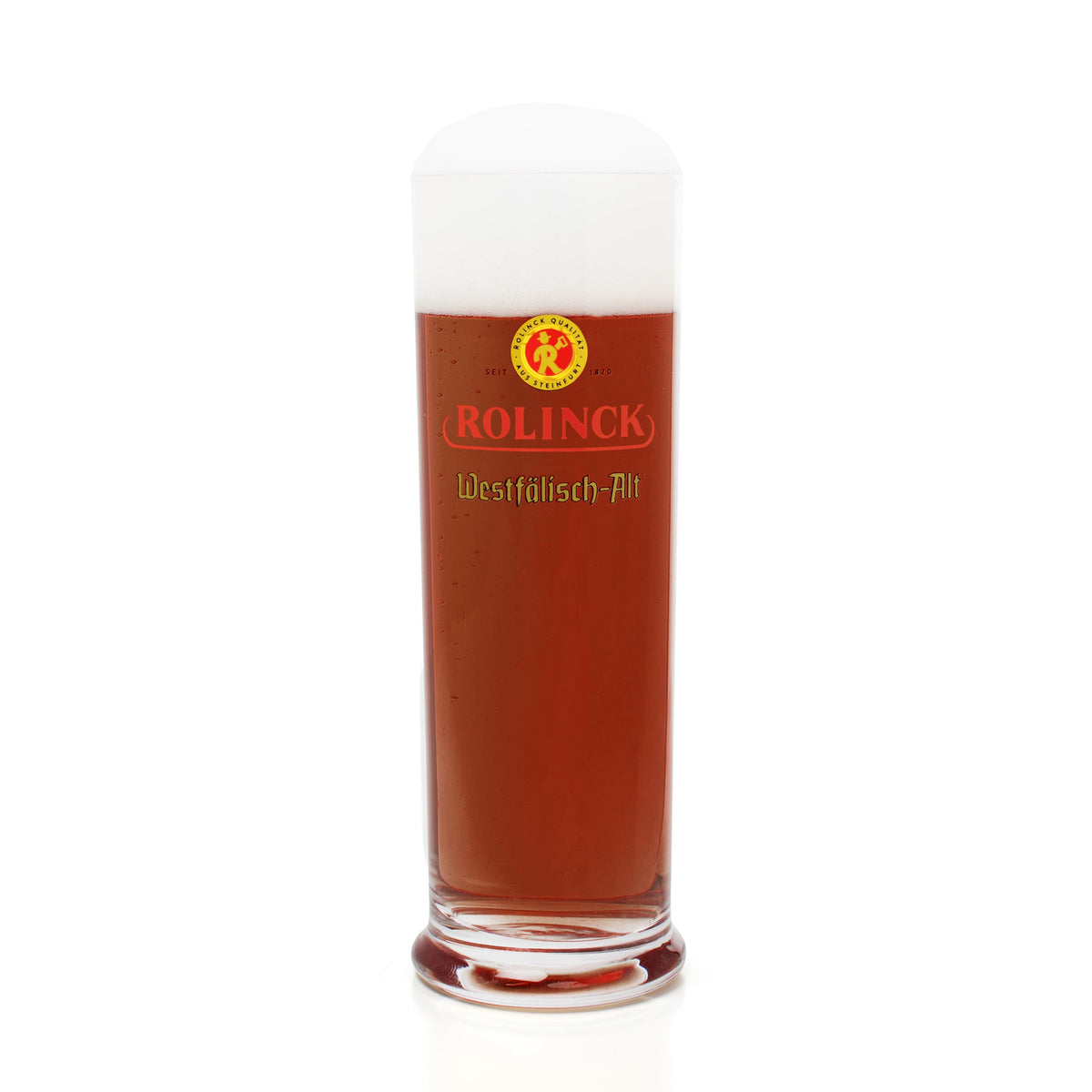 Glas mit dunklem Bier und Schaum, darauf das Logo und der Schriftzug 'ROLINCK Westfälisch-Alt'.