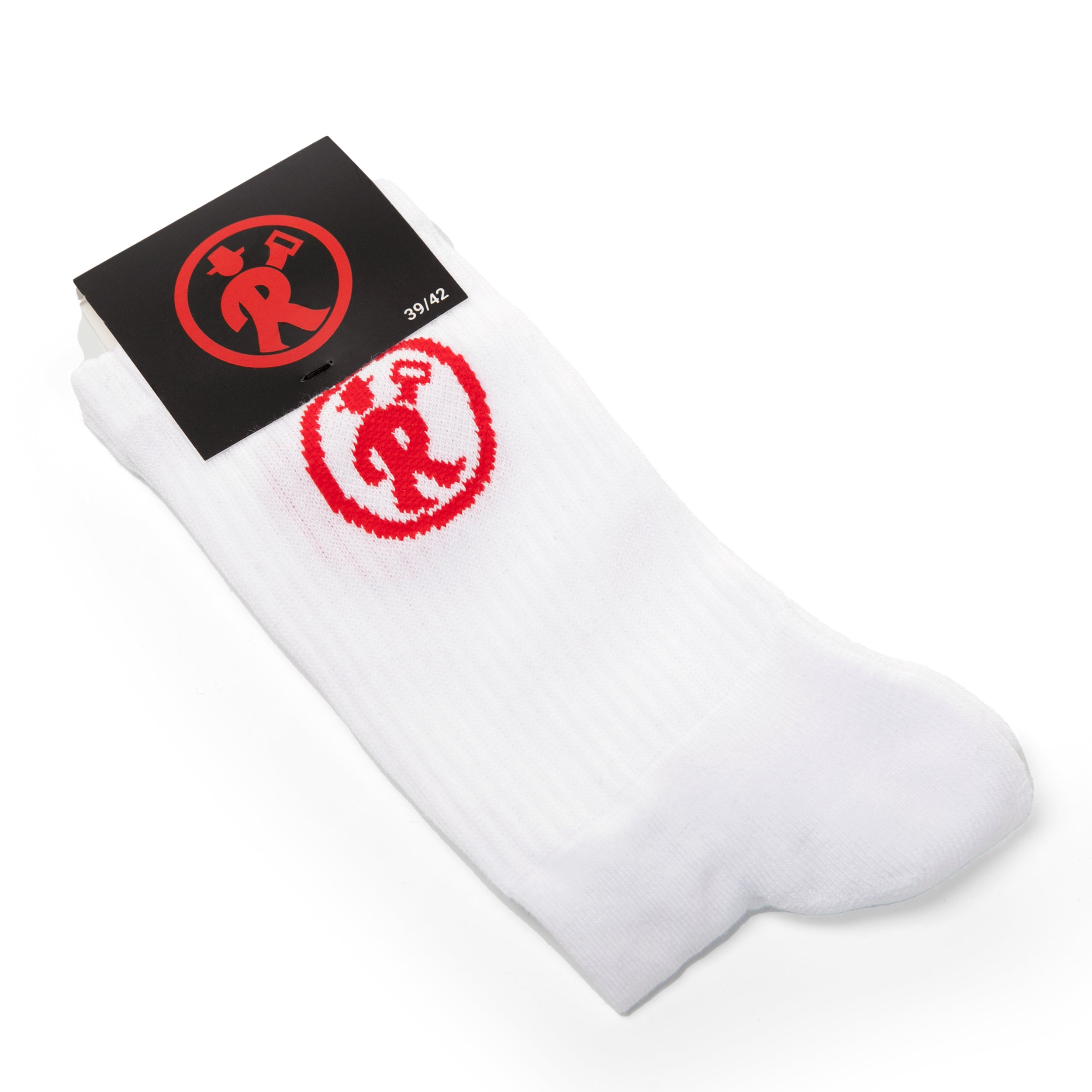Ein Paar weiße Tennissocken mit rotem Rolinck Logo und schwarzer Verpackung mit rotem Rolinck Logo.