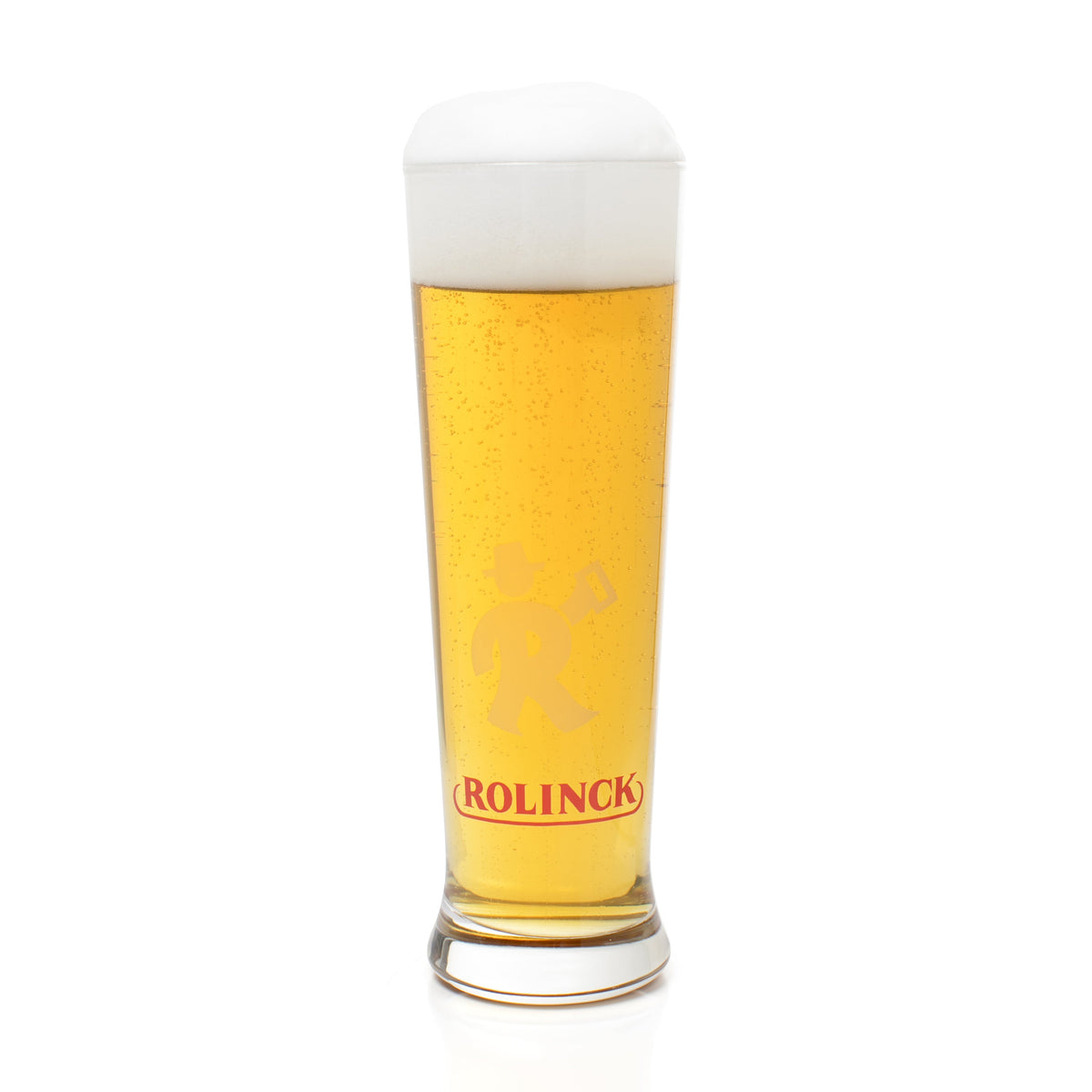 Schlankes Bierglas mit goldgelbem Bier und weißem Schaum, Aufschrift 'ROLINCK' in Rot am Glasboden.