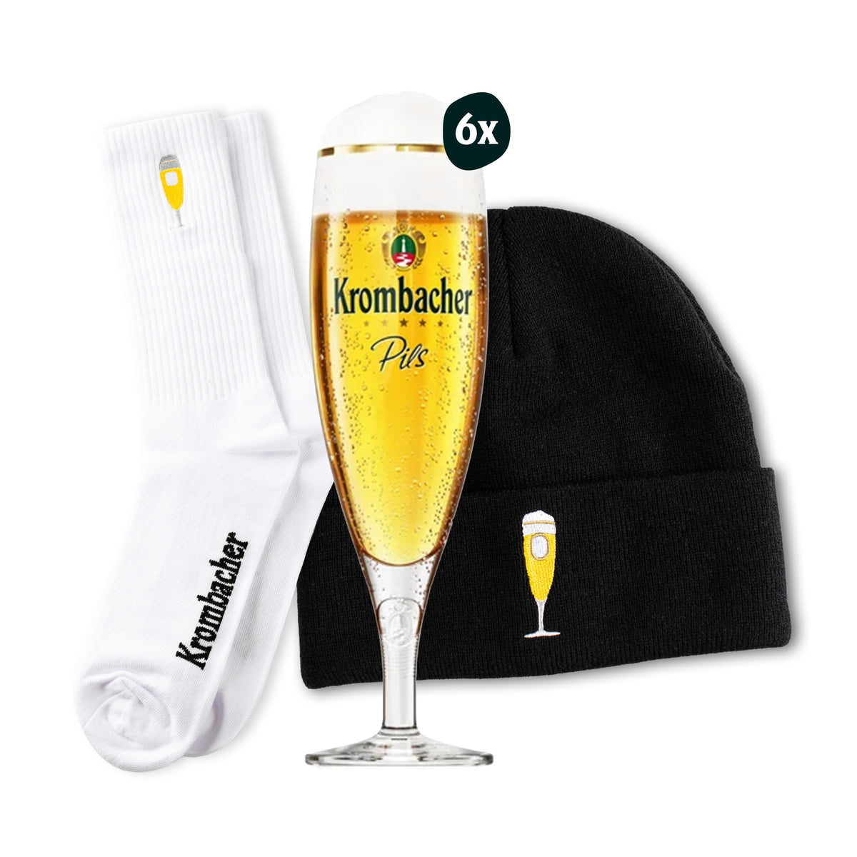 Exklusiv Pokal Bundle mit 6er-Set Biergläsern, weißen Krombacher-Socken und schwarzer Krombacher-Mütze.