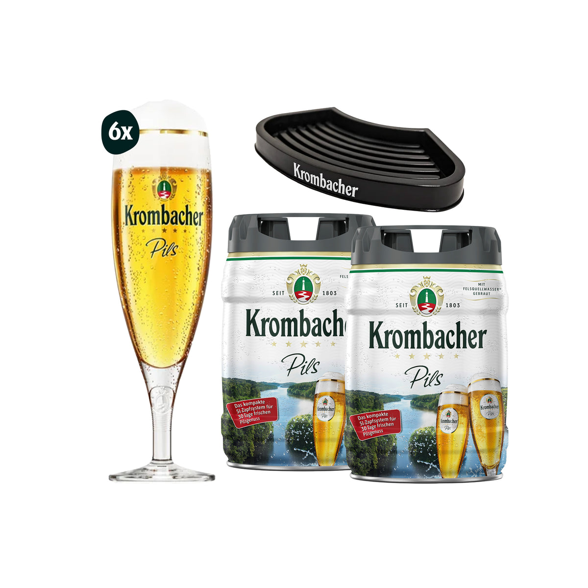 Krombacher Frische-Fässchen Bundle mit 6er-Set Biergläsern, zwei Frische-Fässchen und schwarzer Krombacher Tropfschale.