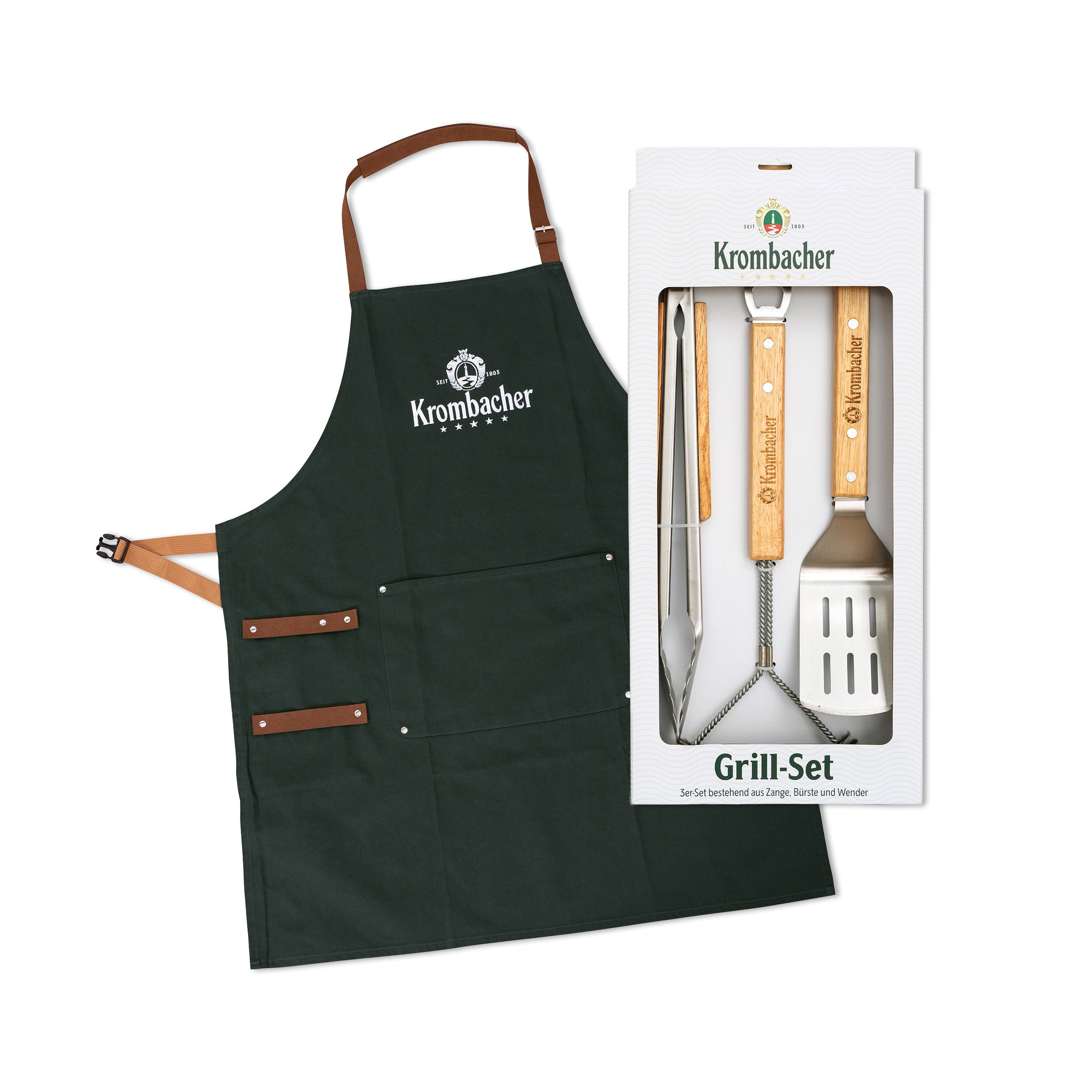 Krombacher Grill Bundle mit grüner Grillschürze und Grill-Set Besteck.